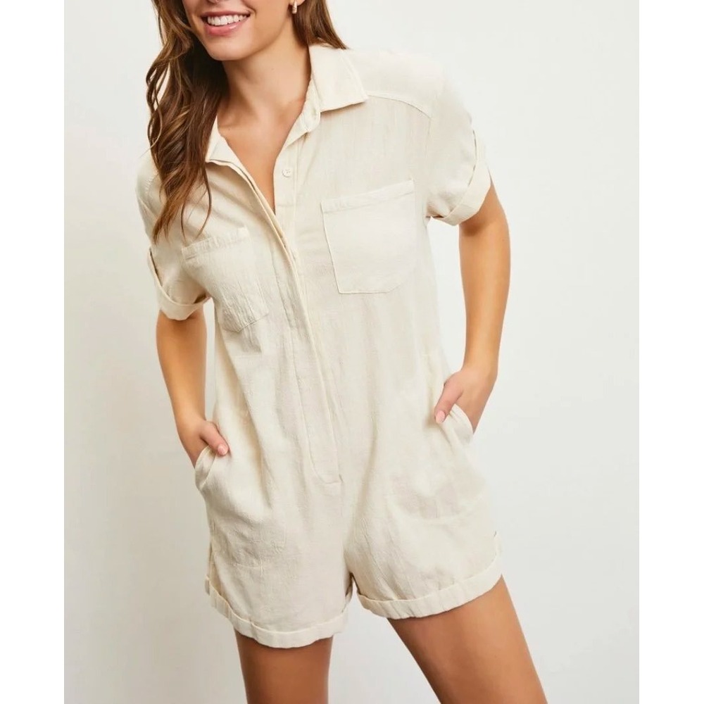 Mable Cream Linen Blend Utility Romper Short Sleeve Button Front Beige Medium